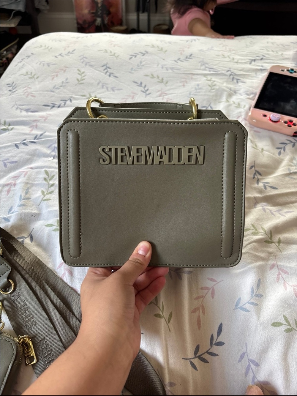Steve Madden Olive-Taupe Mini Crossbody with Gold Hardware